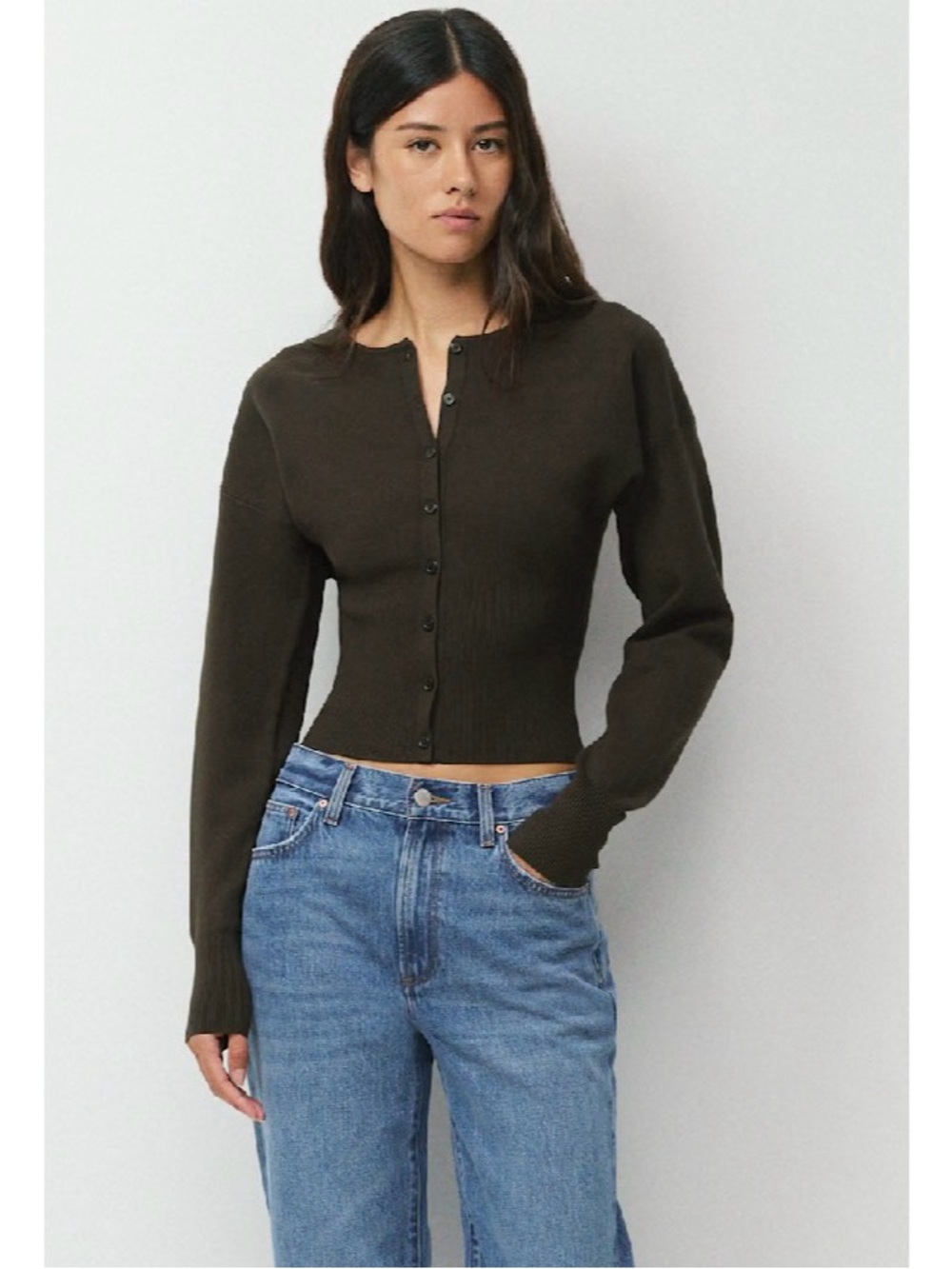 Cropped Button-Front Women’s Sweater - Dark Brown